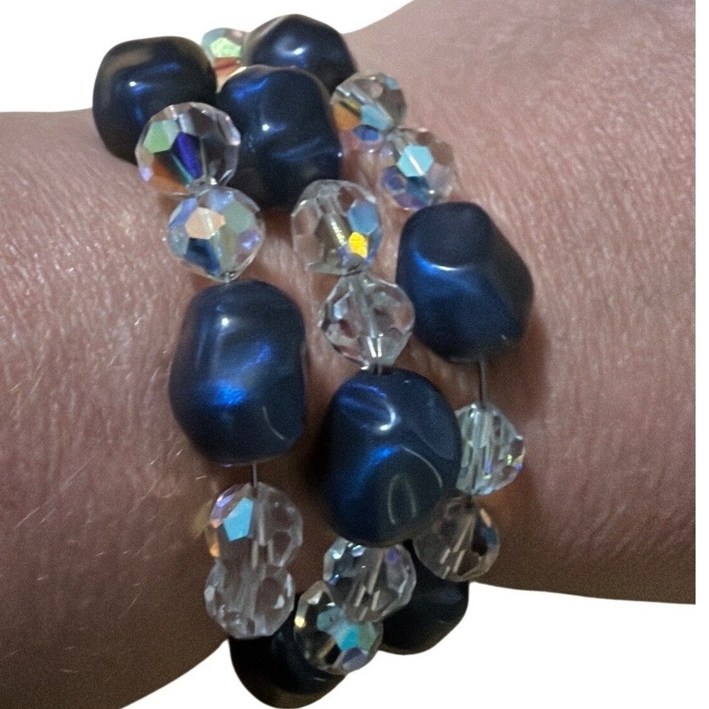 Navy Blue Faux Pearl and Iridescent Crystal Memory Wire Wrap Bracelet‎ Statement